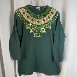 Vintage FOCUS Gold Lame Embroidered Studded Emerald Green Tunic Top One Size